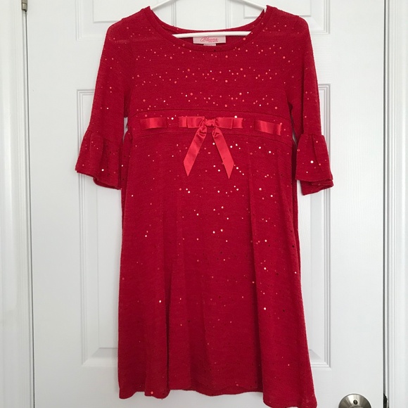 Bloome de jeune fille Red Round Neck Sequin Ruffle Half Sleeve Dress Midi - Picture 1 of 9